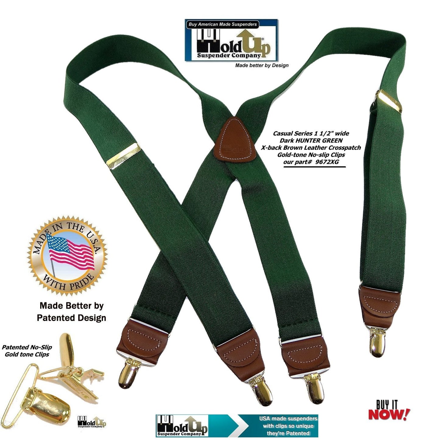 Holdup Brand Hunter Green Men's Clip-On Suspenders with X-Back Style and Gold No-slip Clips