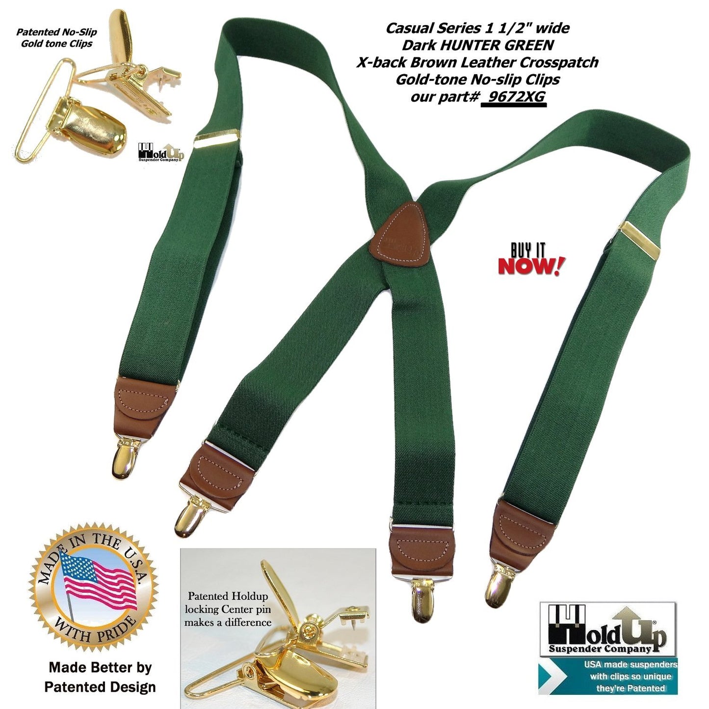 Holdup Brand Hunter Green Men's Clip-On Suspenders with X-Back Style and Gold No-slip Clips