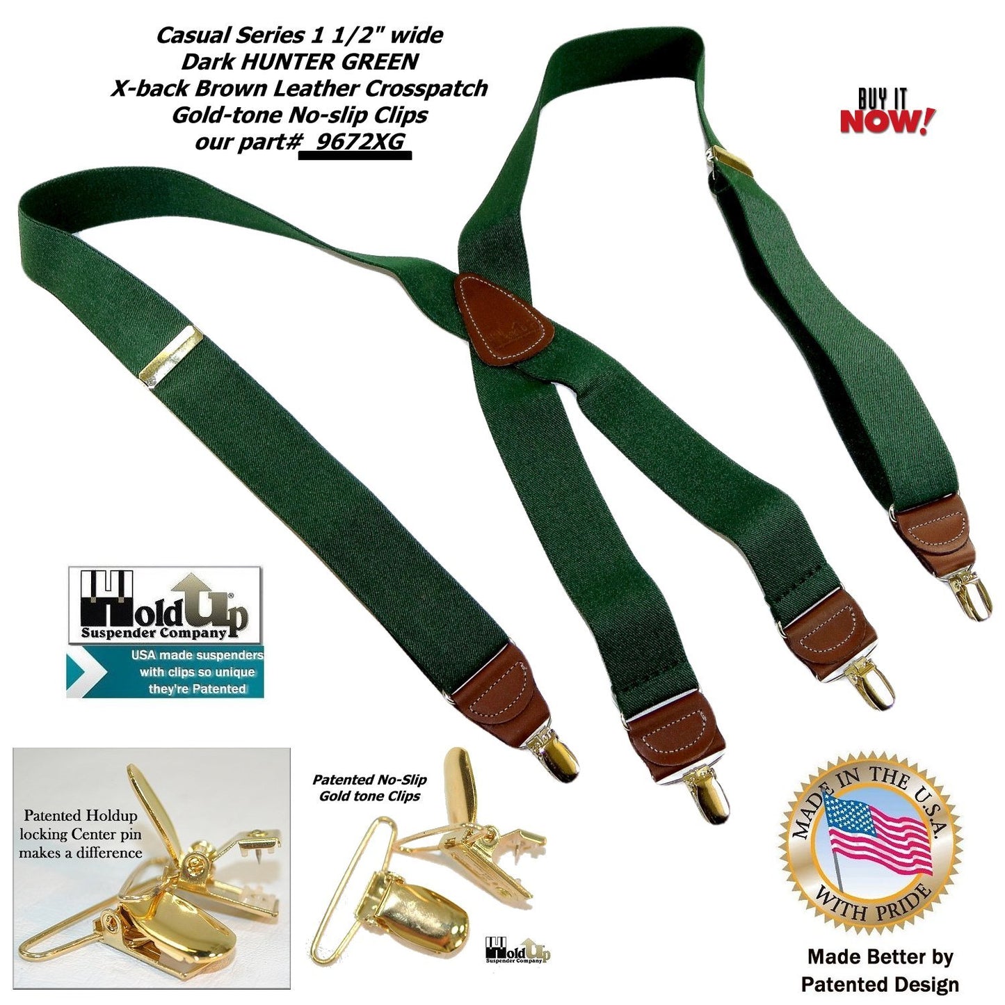 Holdup Brand Hunter Green Men's Clip-On Suspenders with X-Back Style and Gold No-slip Clips