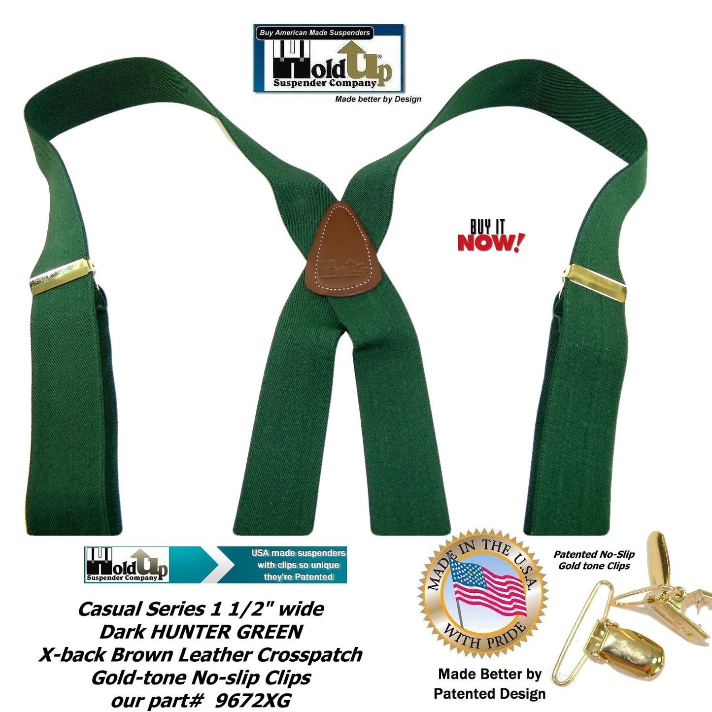 Holdup Brand Hunter Green Men's Clip-On Suspenders with X-Back Style and Gold No-slip Clips