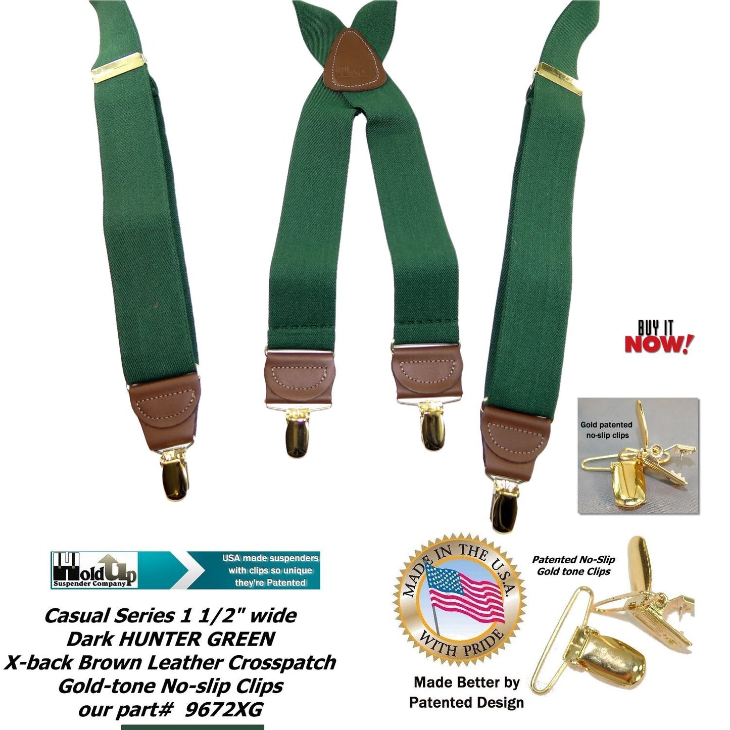 Holdup Brand Hunter Green Men's Clip-On Suspenders with X-Back Style and Gold No-slip Clips