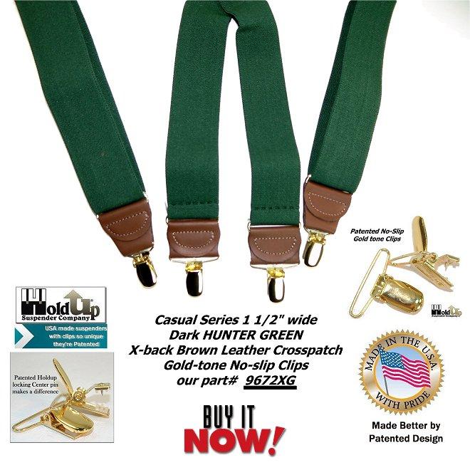 Holdup Brand Hunter Green Men's Clip-On Suspenders with X-Back Style and Gold No-slip Clips