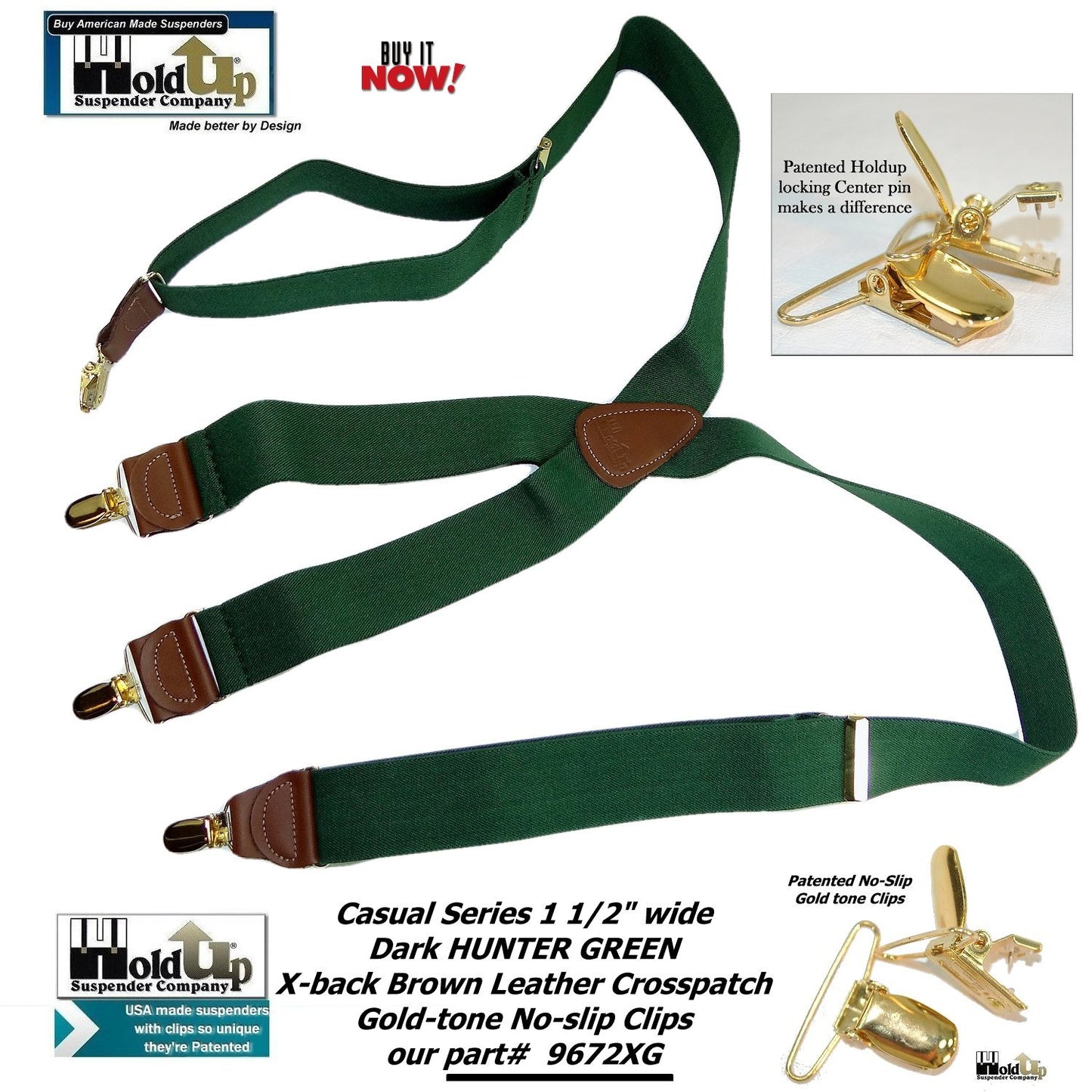 Holdup Brand Hunter Green Men's Clip-On Suspenders with X-Back Style and Gold No-slip Clips