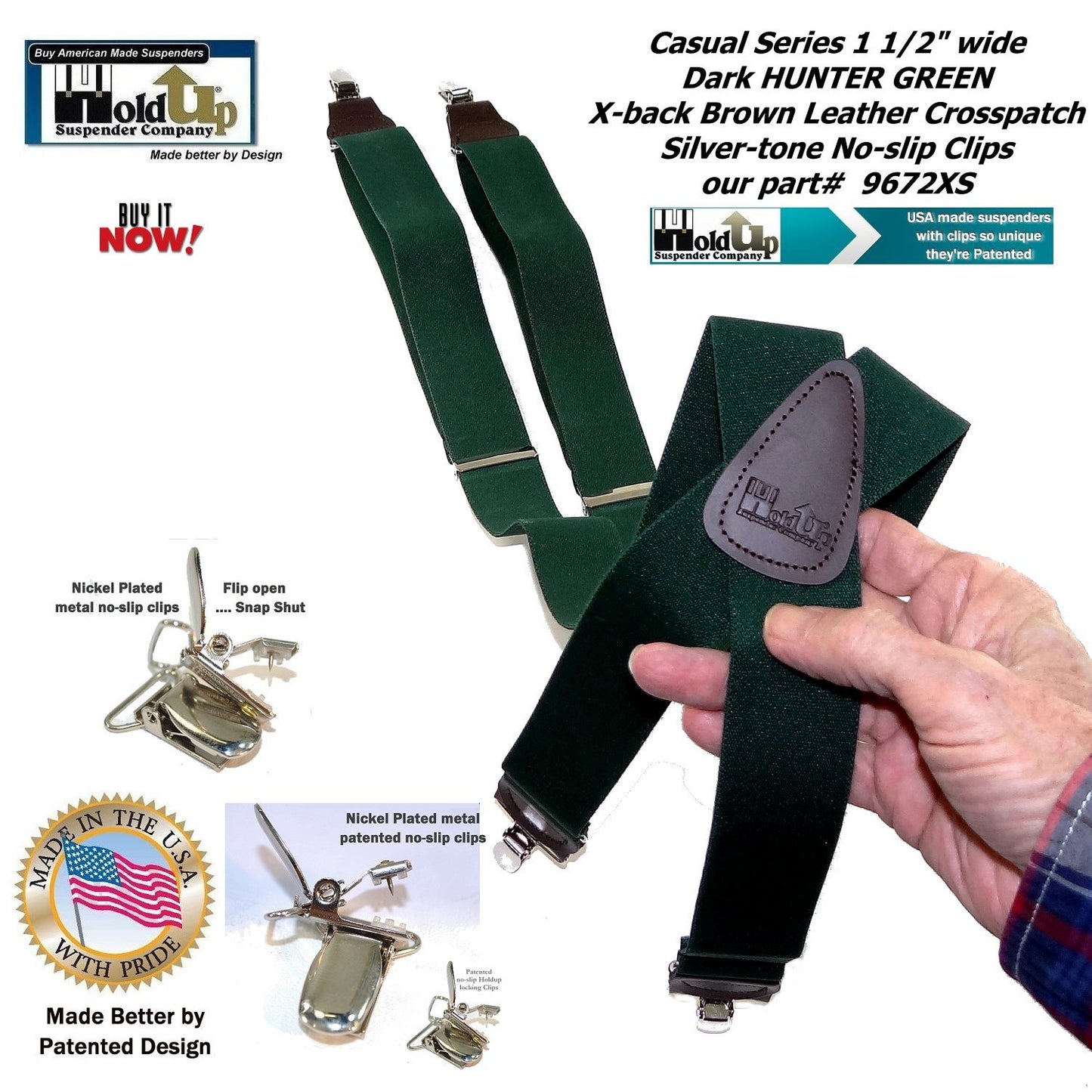 Holdup Brand Dark Hunter Green Men's Clip-On Suspenders with X-Back Style and and Silver/Chrome Clips