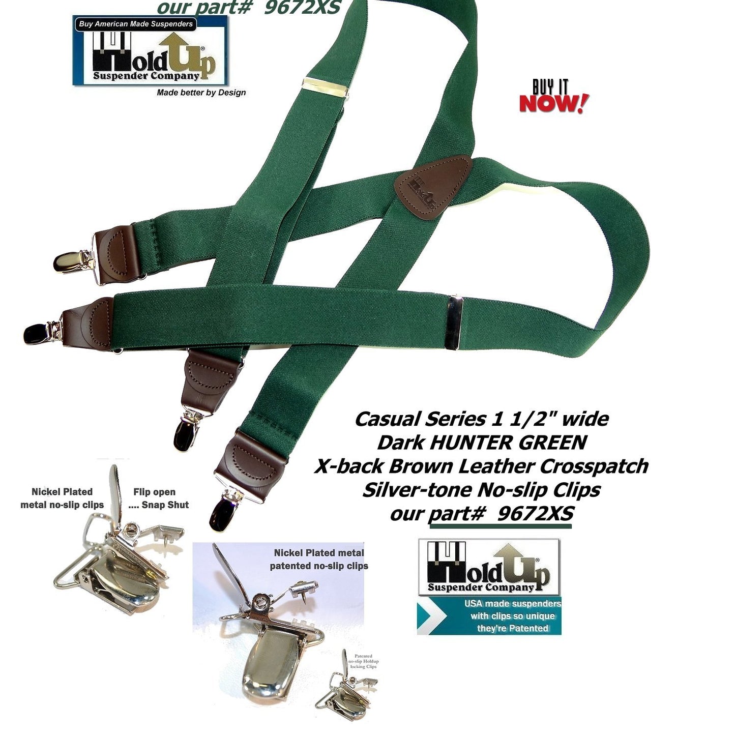 Holdup Brand Dark Hunter Green Men's Clip-On Suspenders with X-Back Style and and Silver/Chrome Clips