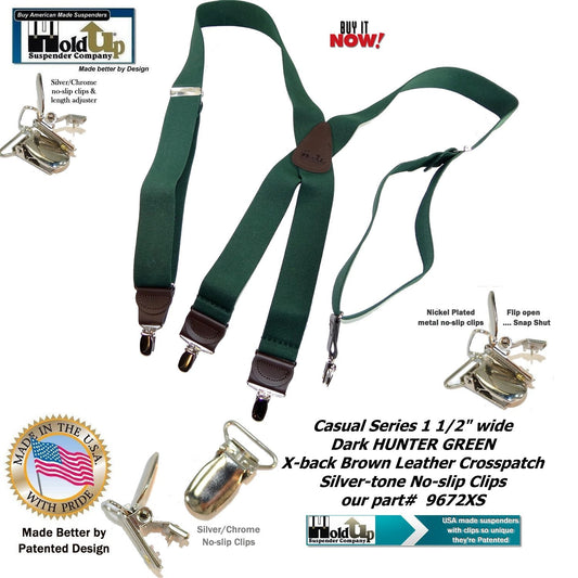 Holdup Brand Dark Hunter Green Men's Clip-On Suspenders with X-Back Style and and Silver/Chrome Clips