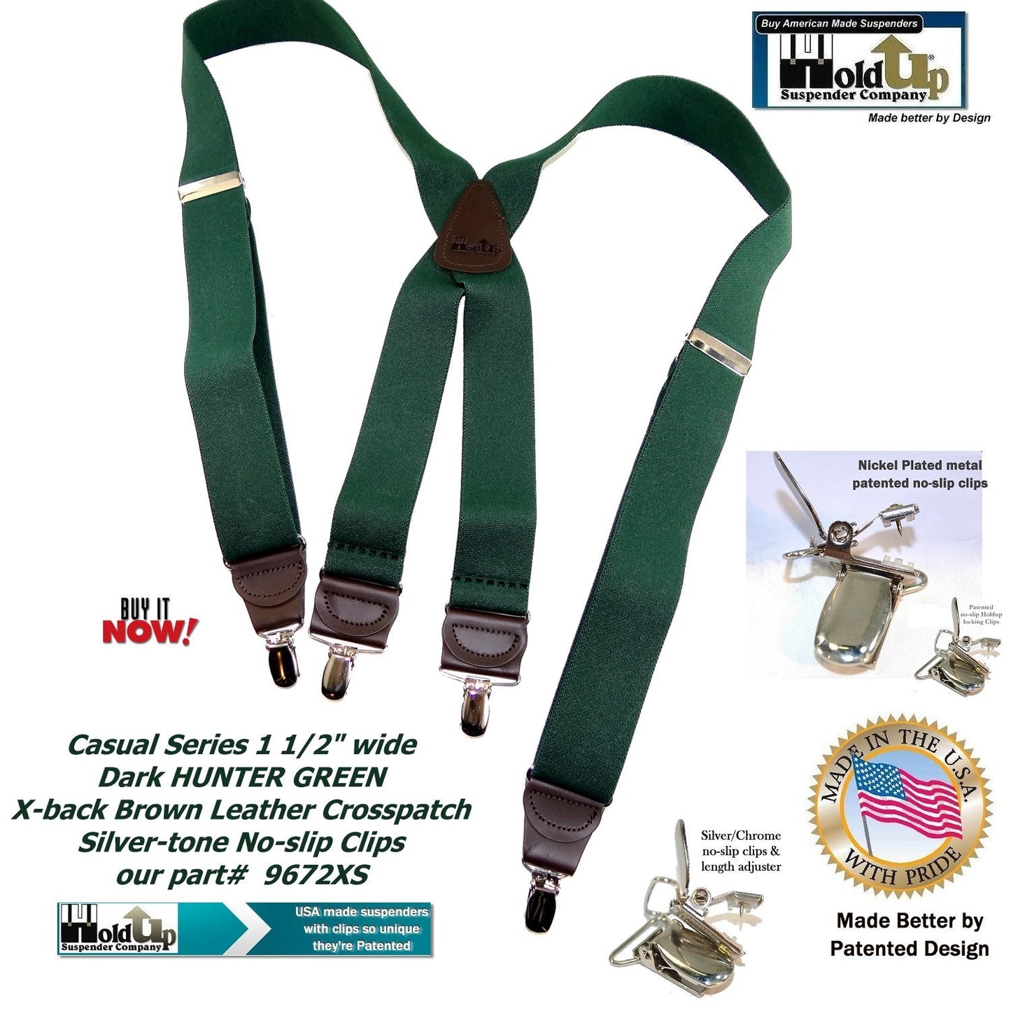 Holdup Brand Dark Hunter Green Men's Clip-On Suspenders with X-Back Style and and Silver/Chrome Clips