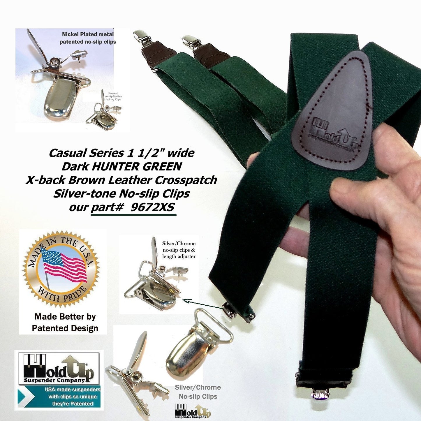 Holdup Brand Dark Hunter Green Men's Clip-On Suspenders with X-Back Style and and Silver/Chrome Clips