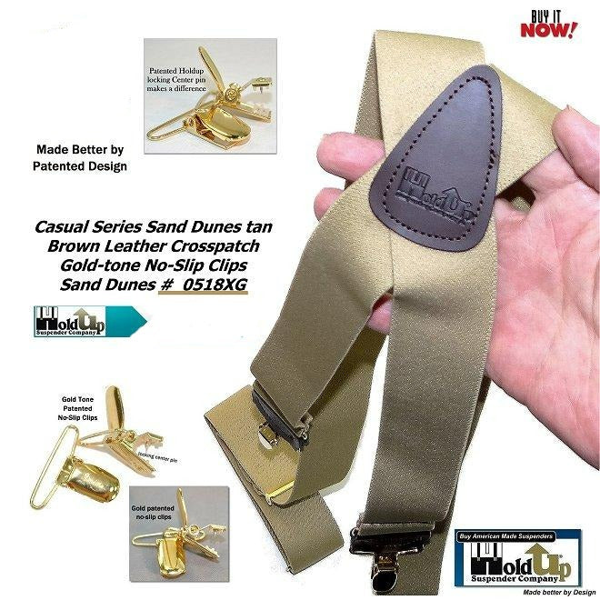 HoldUp Casual Series Sand Dunes Tan 1 1/2" wide Suspenders in X-back with USA Patented No-slip Gold-tone Clips