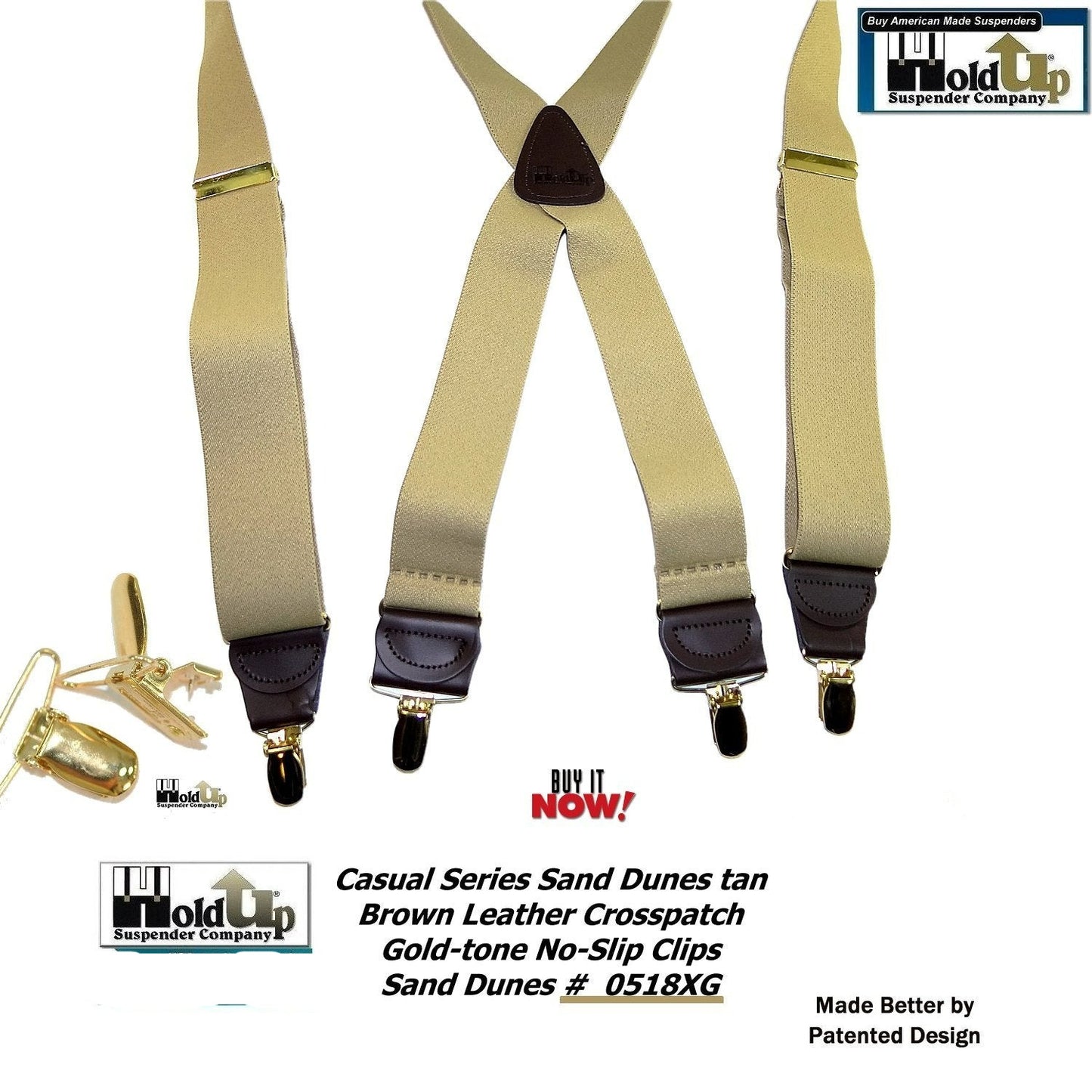 HoldUp Casual Series Sand Dunes Tan 1 1/2" wide Suspenders in X-back with USA Patented No-slip Gold-tone Clips