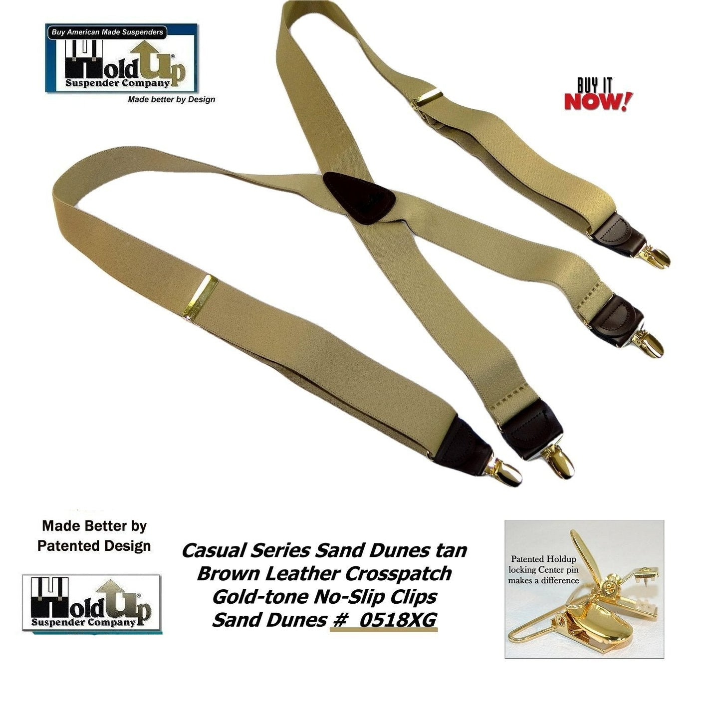 HoldUp Casual Series Sand Dunes Tan 1 1/2" wide Suspenders in X-back with USA Patented No-slip Gold-tone Clips