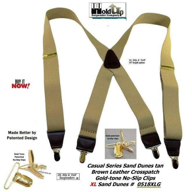 HoldUp Brand XL Tan Casual Series Suspenders in X-back and USA Patented Gold Clips for the big and tall man