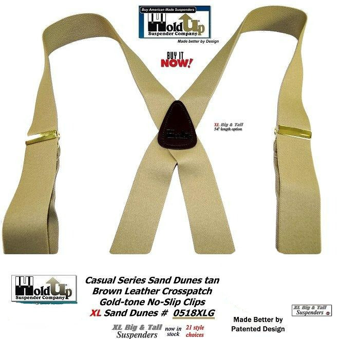 HoldUp Brand XL Tan Casual Series Suspenders in X-back and USA Patented Gold Clips for the big and tall man