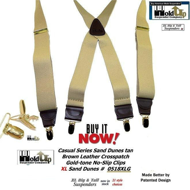 HoldUp Brand XL Tan Casual Series Suspenders in X-back and USA Patented Gold Clips for the big and tall man