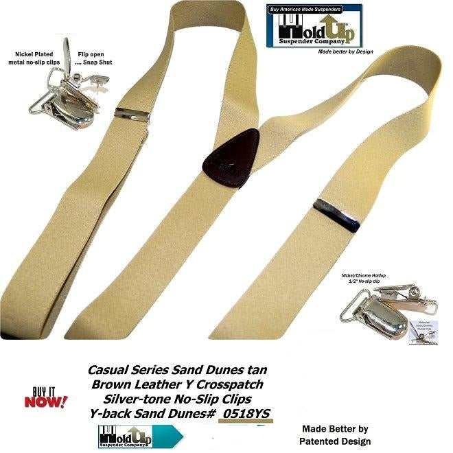 Holdup Brand Sand Dunes Tan Casual Series Suspenders in Y-back style with Silver Tone No-slip Clips