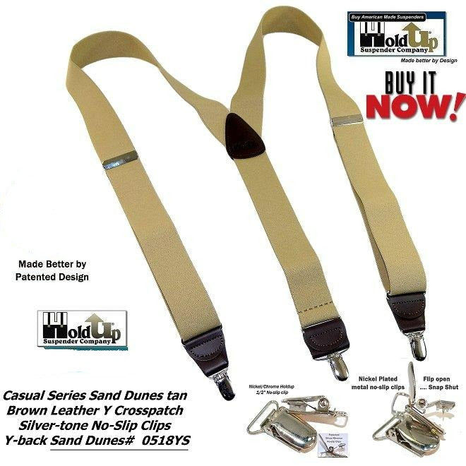 Holdup Brand Sand Dunes Tan Casual Series Suspenders in Y-back style with Silver Tone No-slip Clips