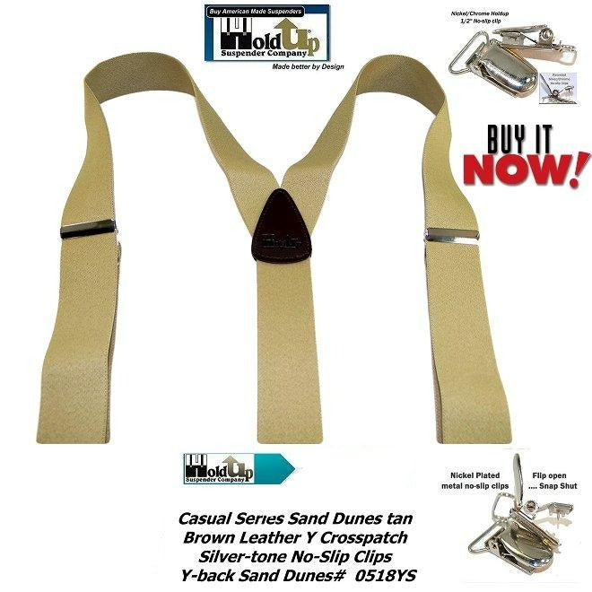 Holdup Brand Sand Dunes Tan Casual Series Suspenders in Y-back style with Silver Tone No-slip Clips