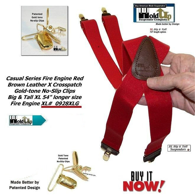 Holdup brand XL Fire Engine Red X-back Style Suspenders for the Big and Tall man with Patented No-slip Gold-tone Clips