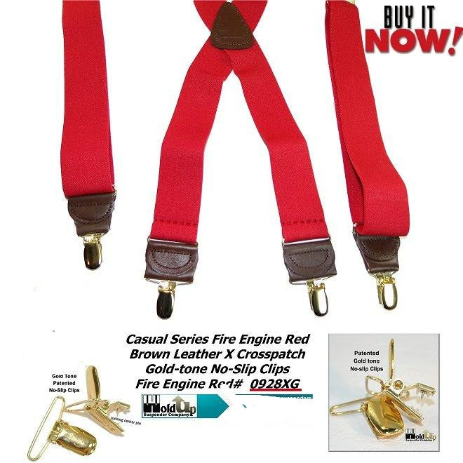 Holdup brand XL Fire Engine Red X-back Style Suspenders for the Big and Tall man with Patented No-slip Gold-tone Clips