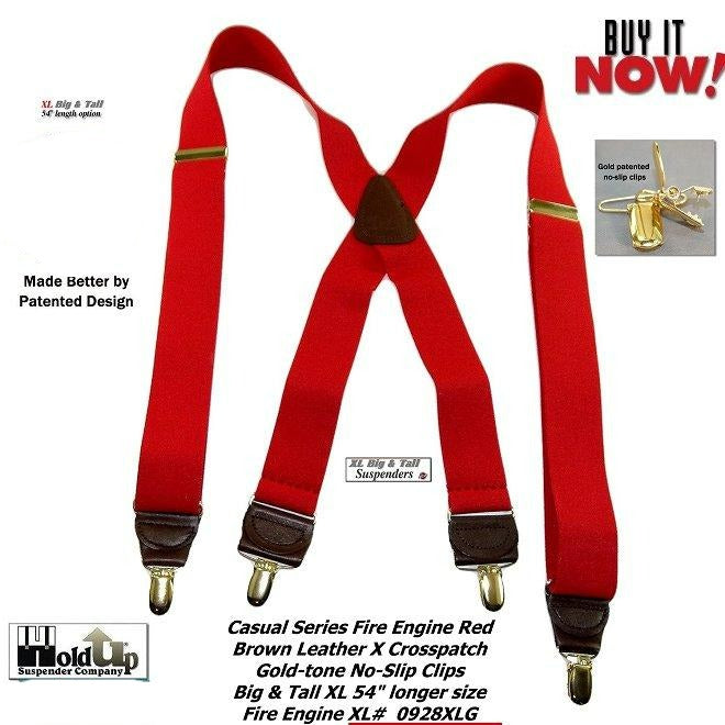 Holdup brand XL Fire Engine Red X-back Style Suspenders for the Big and Tall man with Patented No-slip Gold-tone Clips