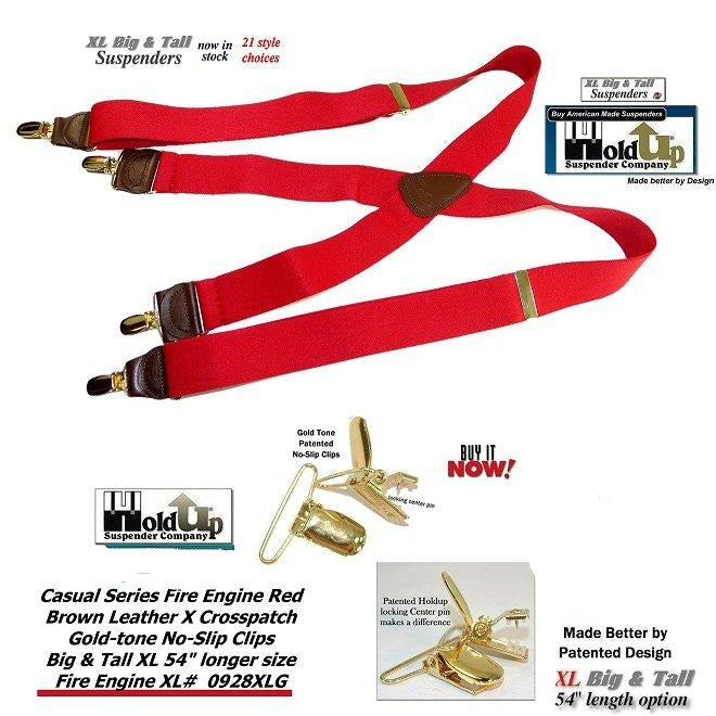 Holdup brand XL Fire Engine Red X-back Style Suspenders for the Big and Tall man with Patented No-slip Gold-tone Clips