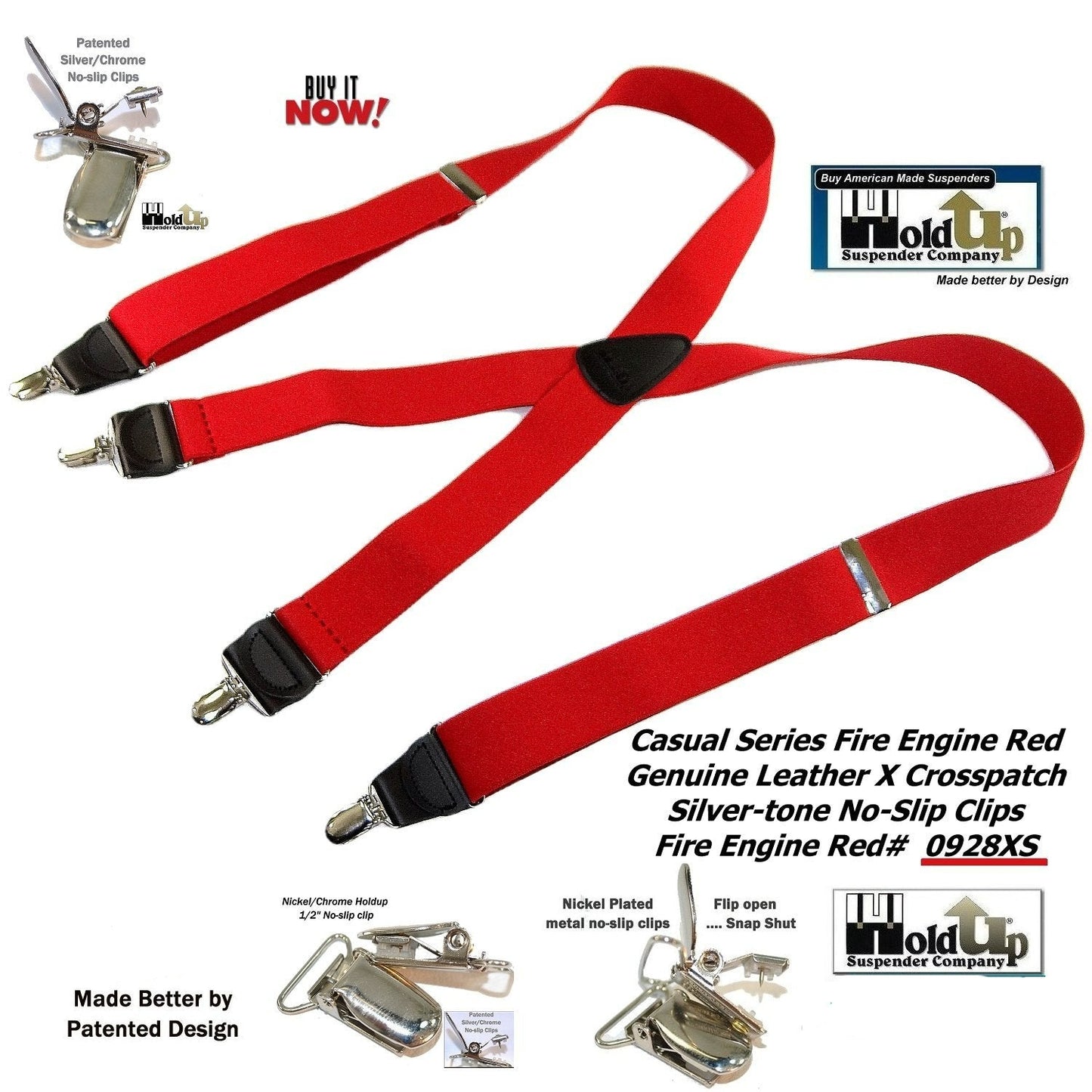 HoldUp Brand Fire Engine Red X-back Suspenders in 1 1/2" width and USA Patented No-slip Silver-tone Clips