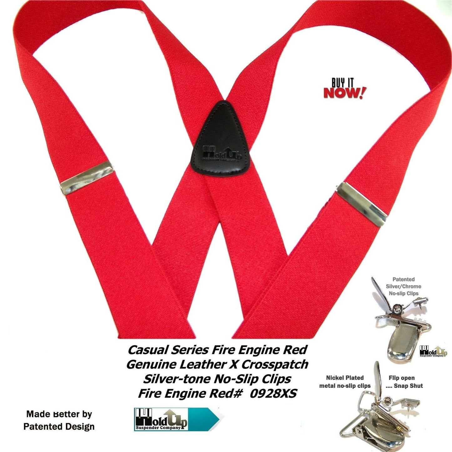 HoldUp Brand Fire Engine Red X-back Suspenders in 1 1/2" width and USA Patented No-slip Silver-tone Clips