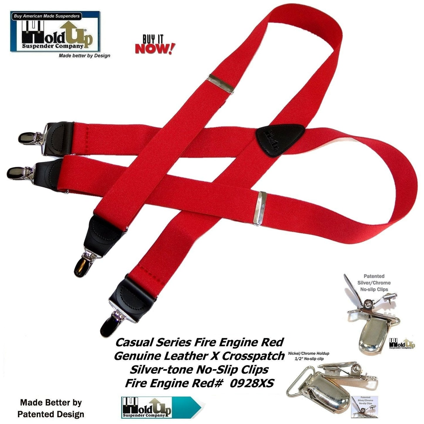 HoldUp Brand Fire Engine Red X-back Suspenders in 1 1/2" width and USA Patented No-slip Silver-tone Clips