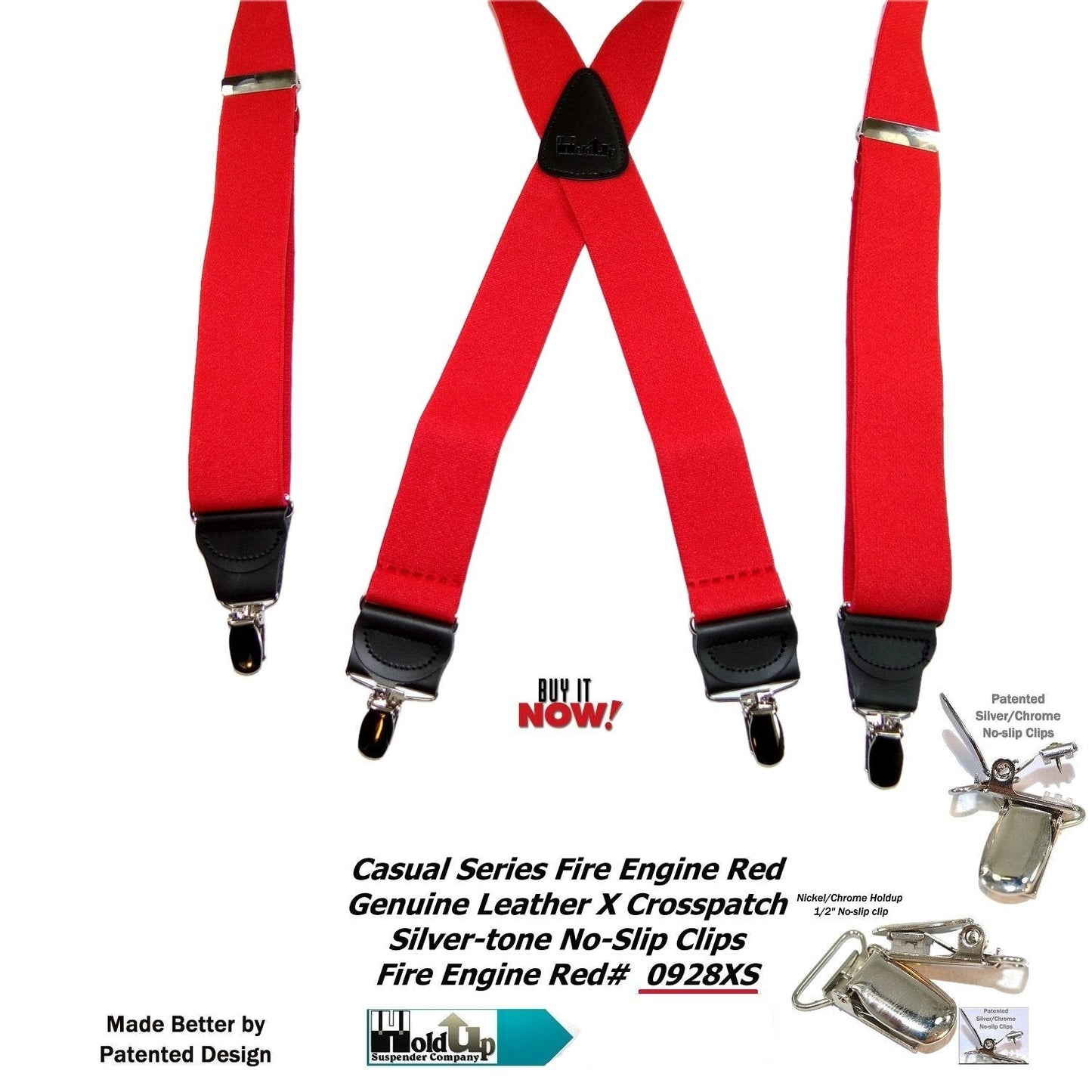 HoldUp Brand Fire Engine Red X-back Suspenders in 1 1/2" width and USA Patented No-slip Silver-tone Clips