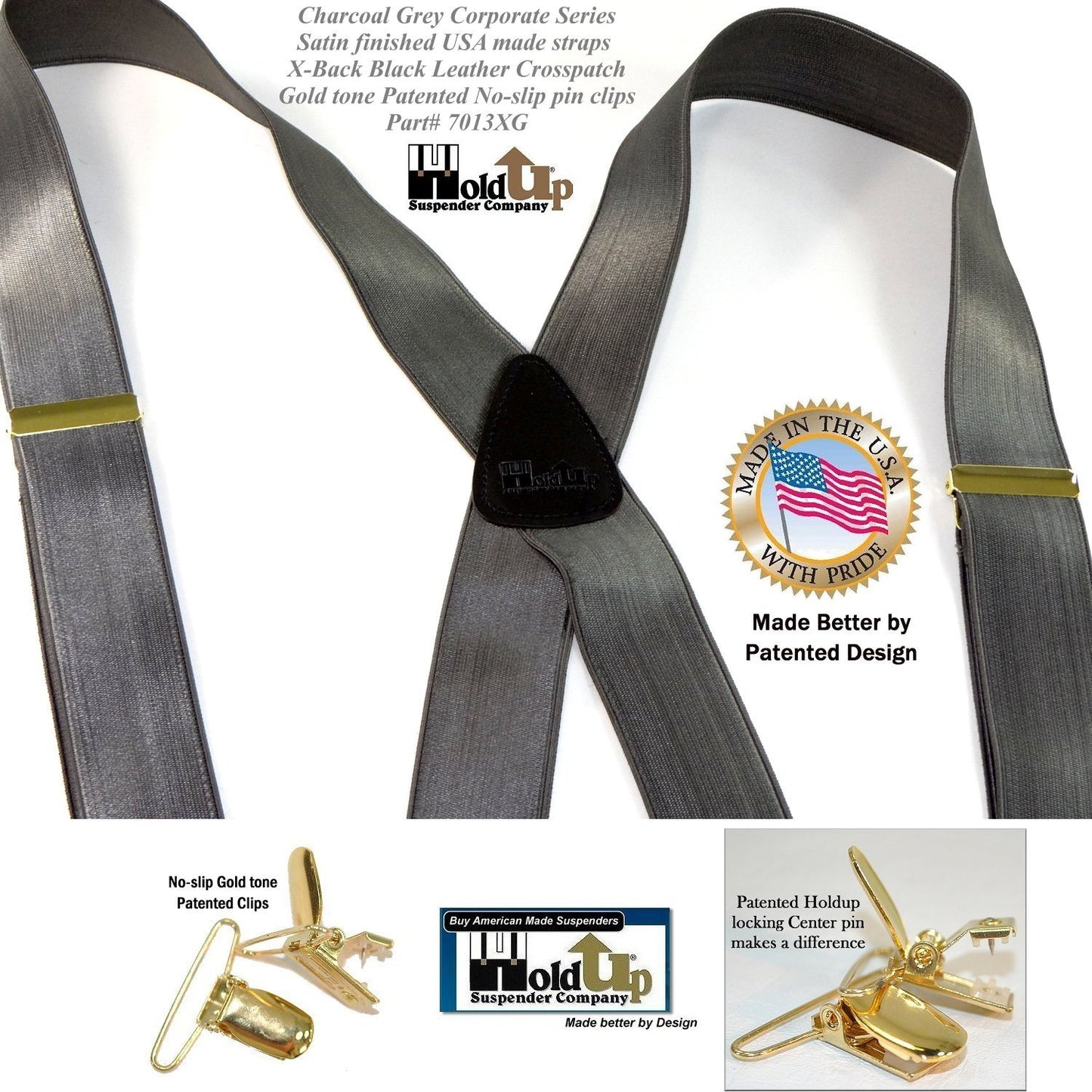 Hold Suspender Company's Dark Charcoal Gray Satin Finished Corporate Series  X-back Suspenders with Gold-tone  Clips