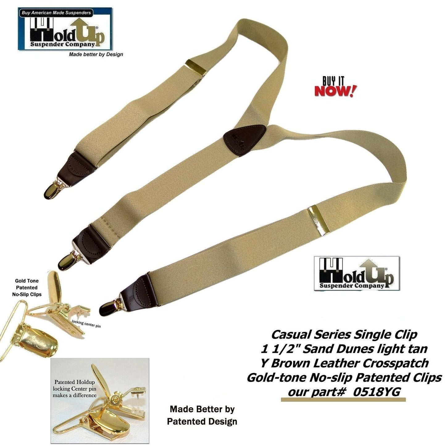 Holdup Casual Series Sand Dunes Tan Y-back Suspenders with USA Patented Gold-tone No-Slip  Clips