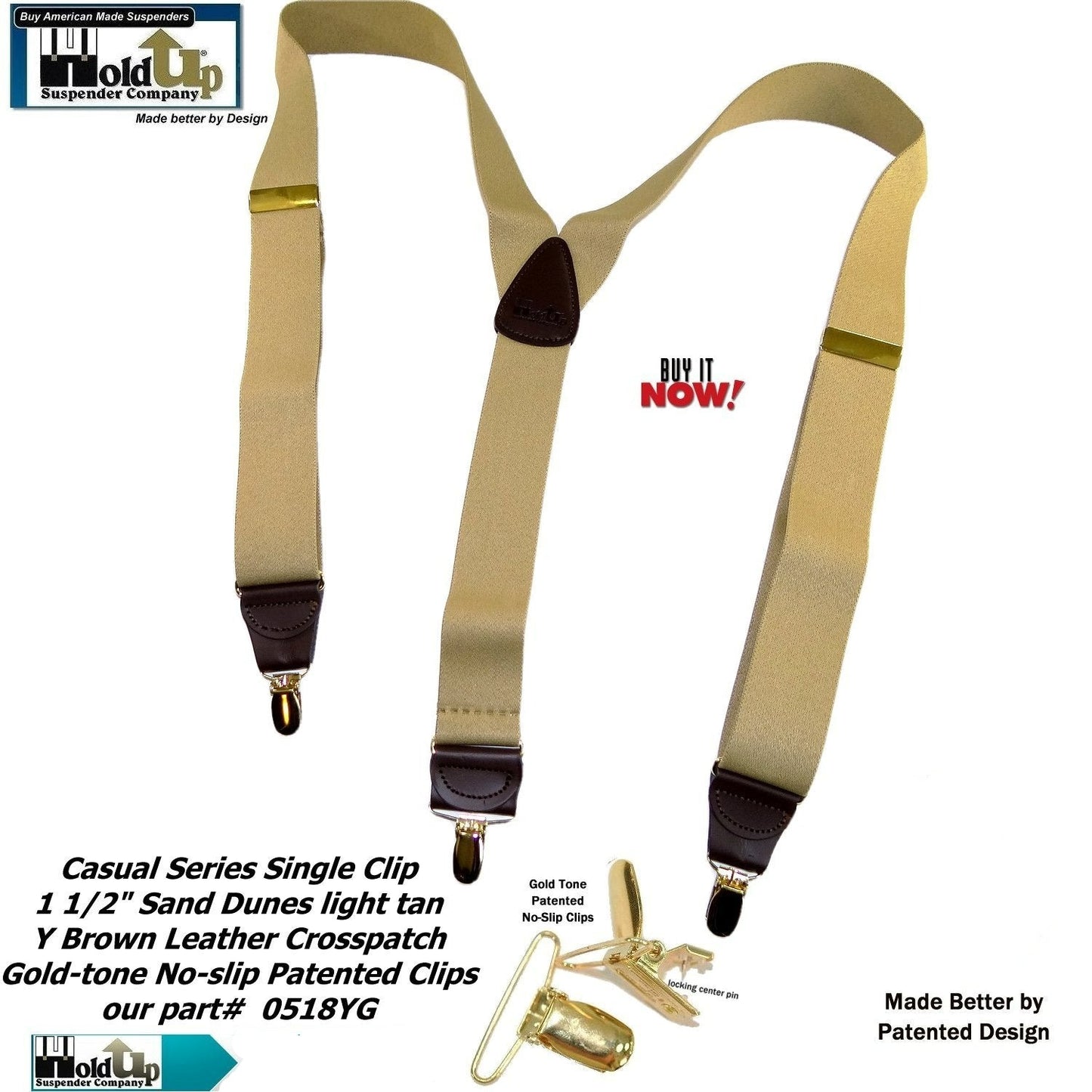 Holdup Casual Series Sand Dunes Tan Y-back Suspenders with USA Patented Gold-tone No-Slip  Clips