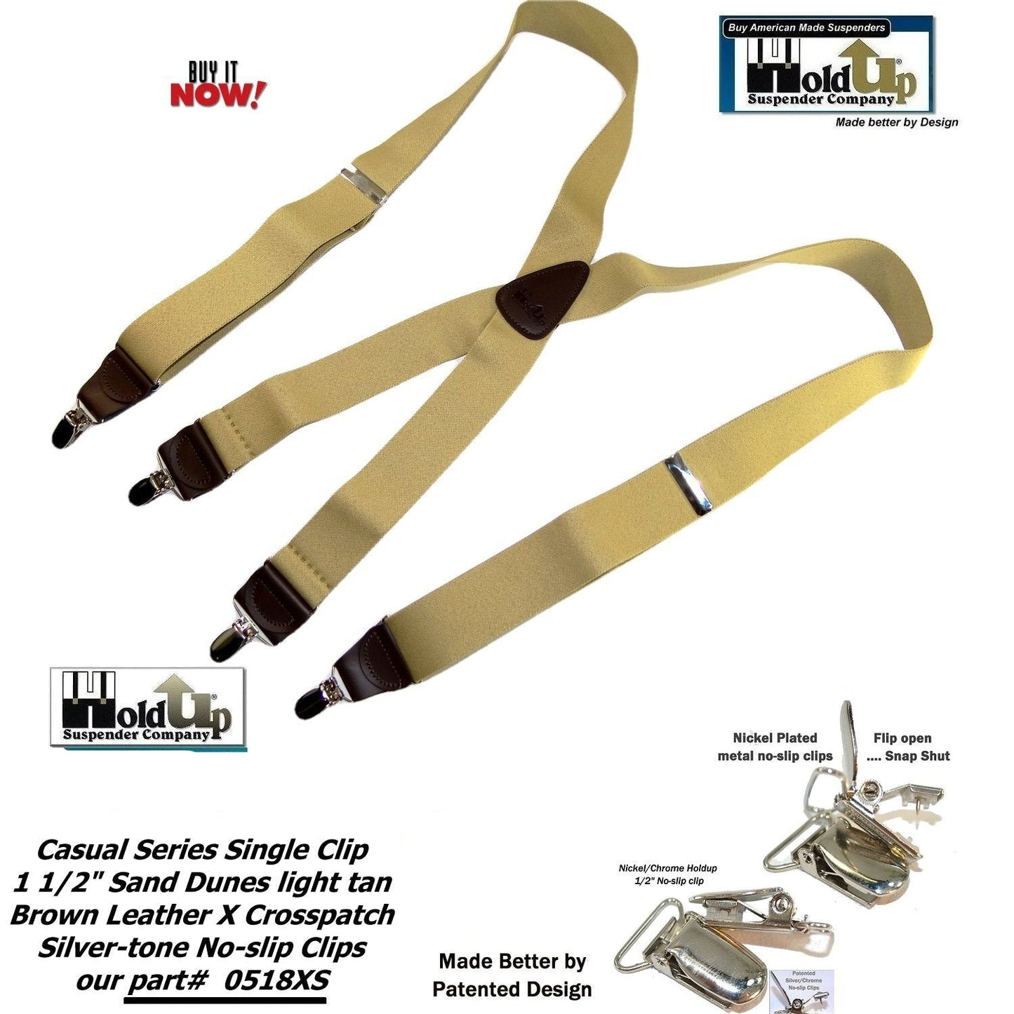 Holdup Sand Dunes Tan Casual Series Suspenders in X-back with Silver Clips