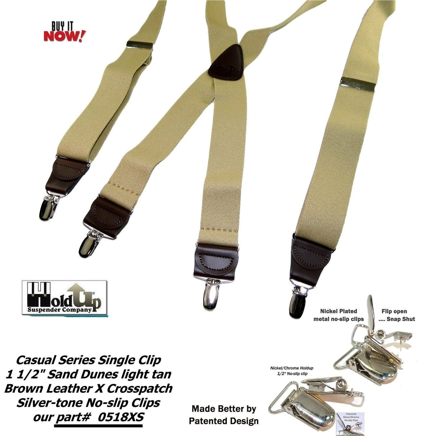 Holdup Sand Dunes Tan Casual Series Suspenders in X-back with Silver Clips