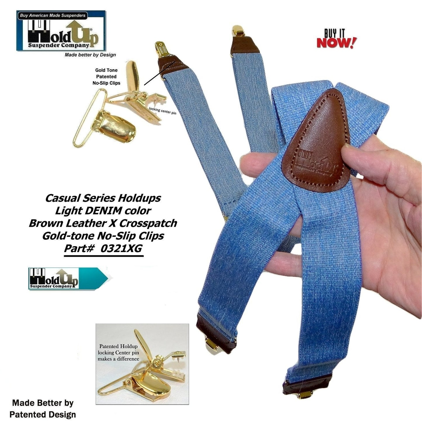 Hold-Ups Light Blue Denim 1 1/2" Suspenders X-Back USA Patented No-slip Gold Clips