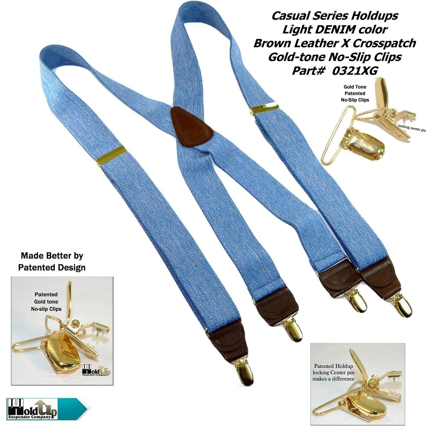 Hold-Ups Light Blue Denim 1 1/2" Suspenders X-Back USA Patented No-slip Gold Clips