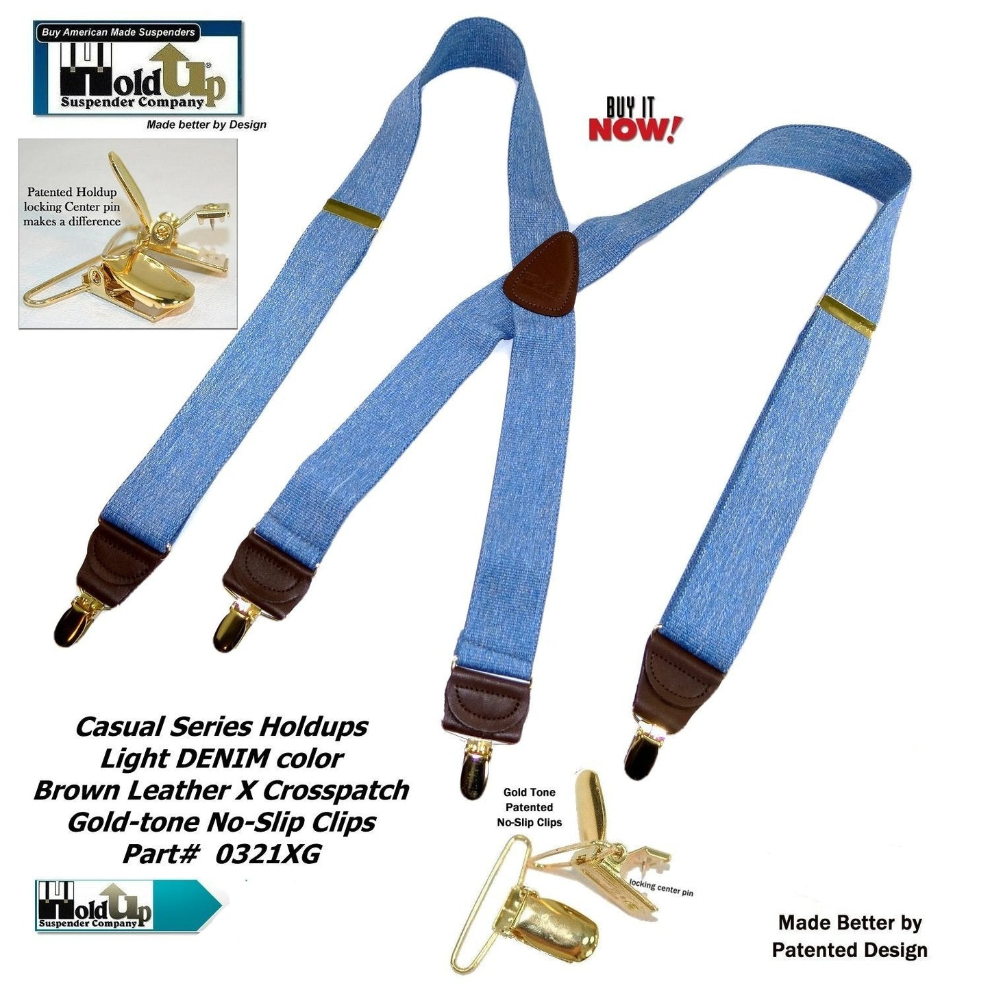 Hold-Ups Light Blue Denim 1 1/2" Suspenders X-Back USA Patented No-slip Gold Clips