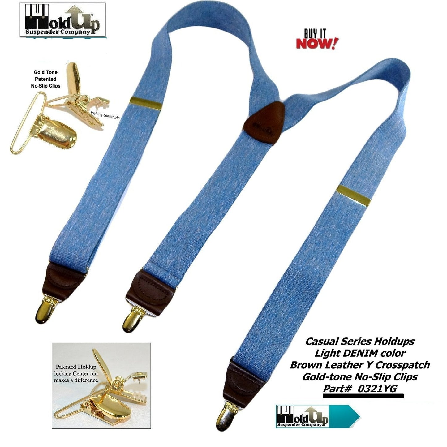 Holdup Suspender Company's Light Blue Denim Y-back Suspenders 1 1/2" width with USA  Patented No-slip Gold-tone Clips