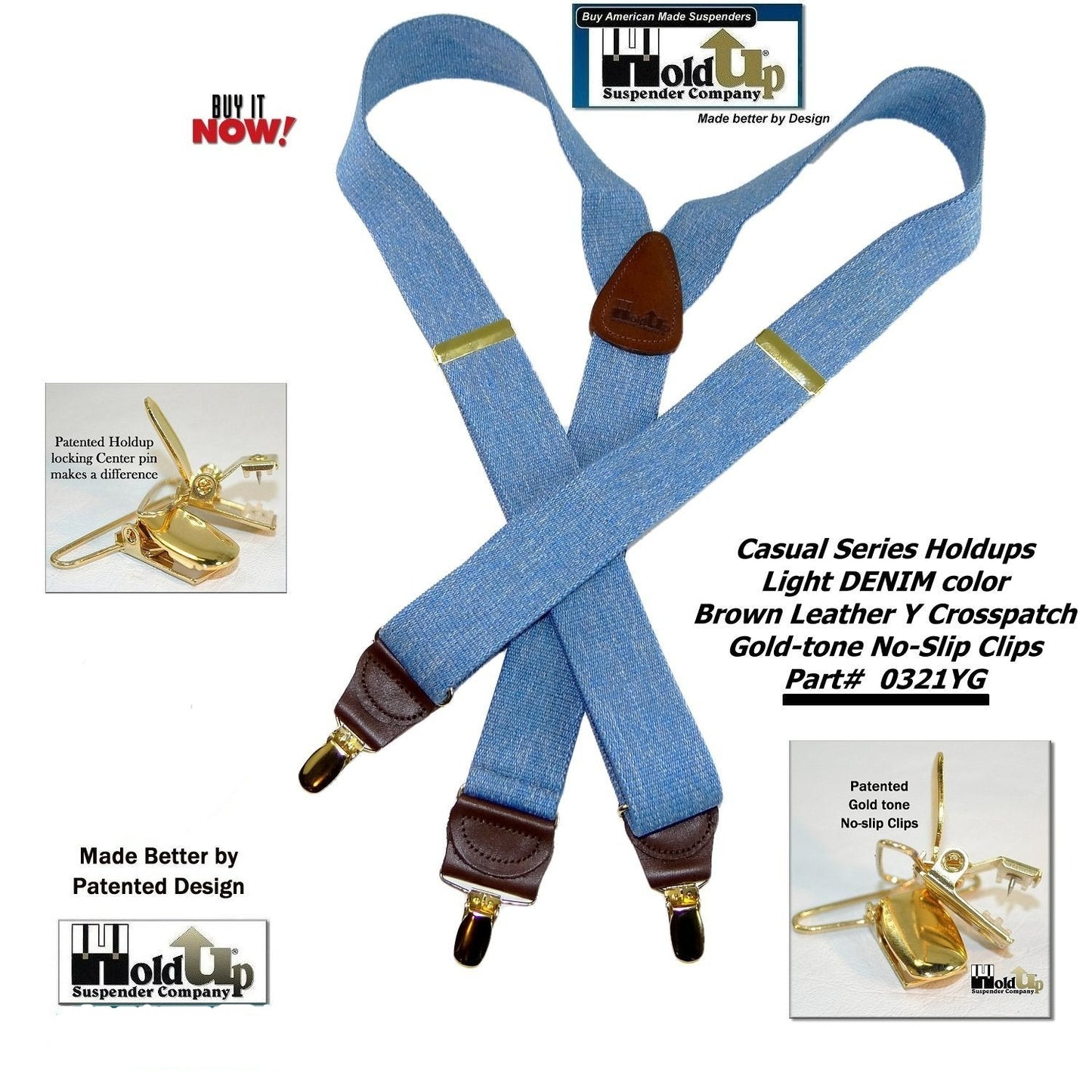 Holdup Suspender Company's Light Blue Denim Y-back Suspenders 1 1/2" width with USA  Patented No-slip Gold-tone Clips