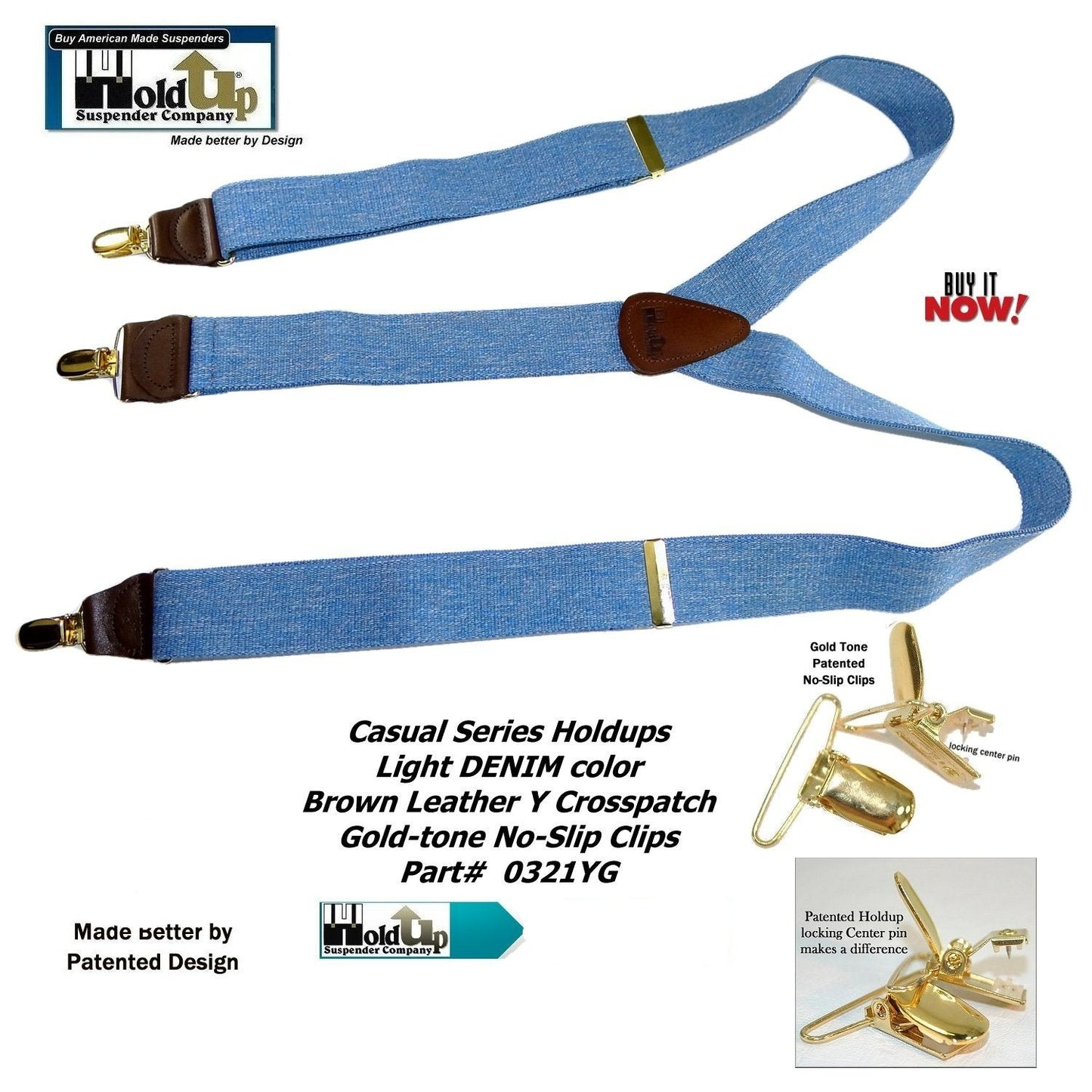 Holdup Suspender Company's Light Blue Denim Y-back Suspenders 1 1/2" width with USA  Patented No-slip Gold-tone Clips