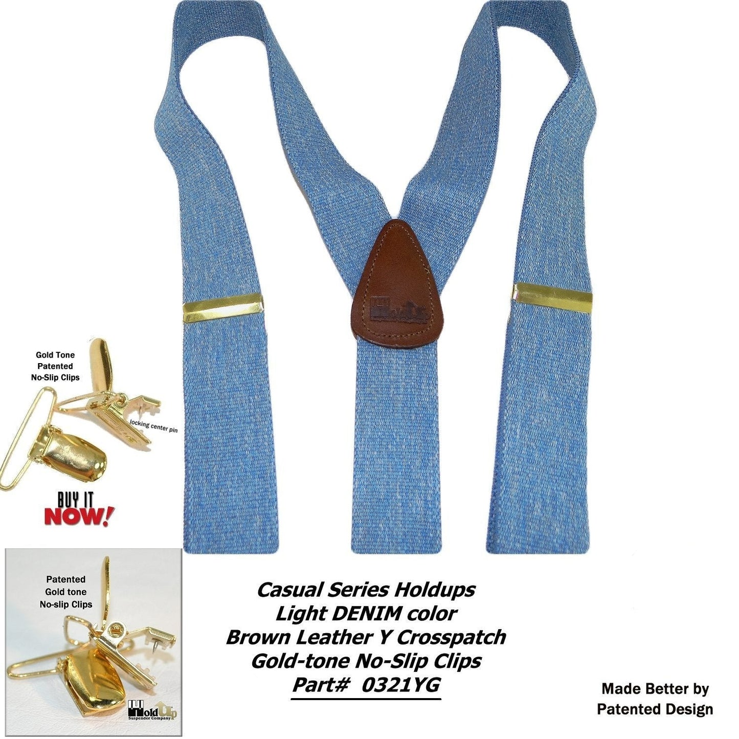 Holdup Suspender Company's Light Blue Denim Y-back Suspenders 1 1/2" width with USA  Patented No-slip Gold-tone Clips