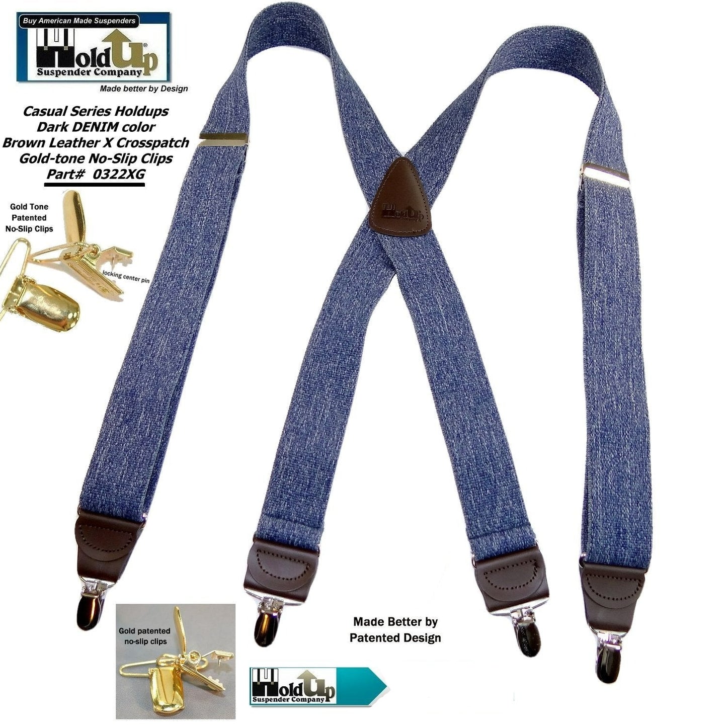 Holdup Brand USA made Dark Blue Denim Casual Series Suspenders in X-back style with Patented No-slip Gold-tone Clips