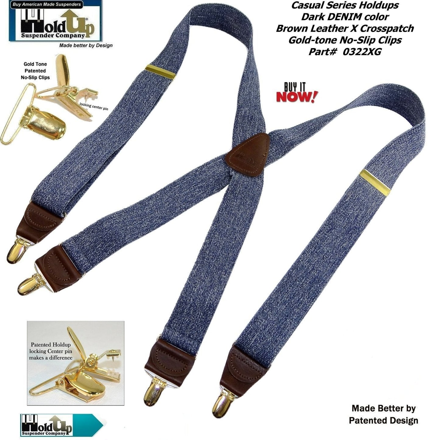 Holdup Brand USA made Dark Blue Denim Casual Series Suspenders in X-back style with Patented No-slip Gold-tone Clips