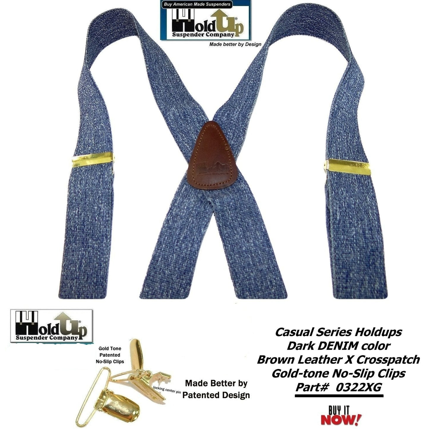 Holdup Brand USA made Dark Blue Denim Casual Series Suspenders in X-back style with Patented No-slip Gold-tone Clips