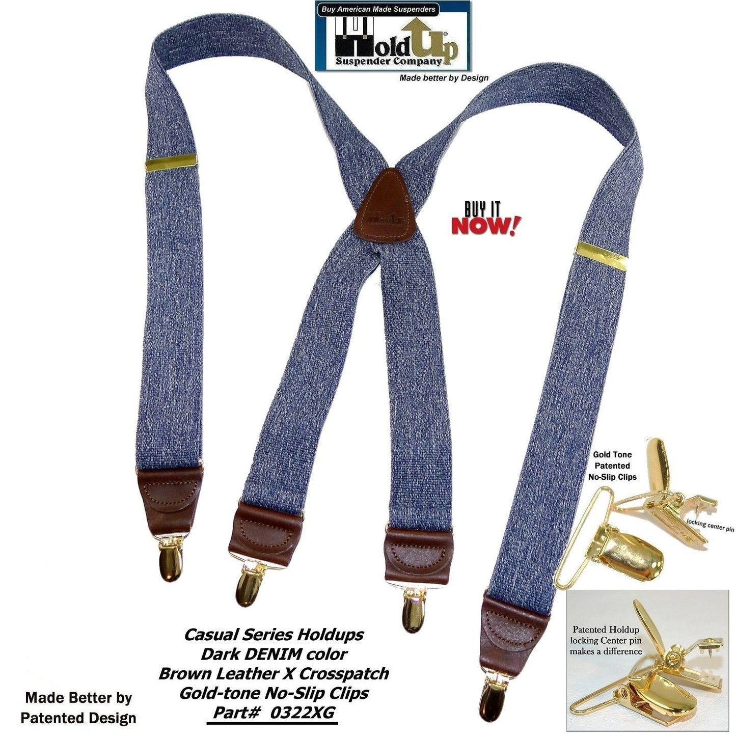 Holdup Brand USA made Dark Blue Denim Casual Series Suspenders in X-back style with Patented No-slip Gold-tone Clips