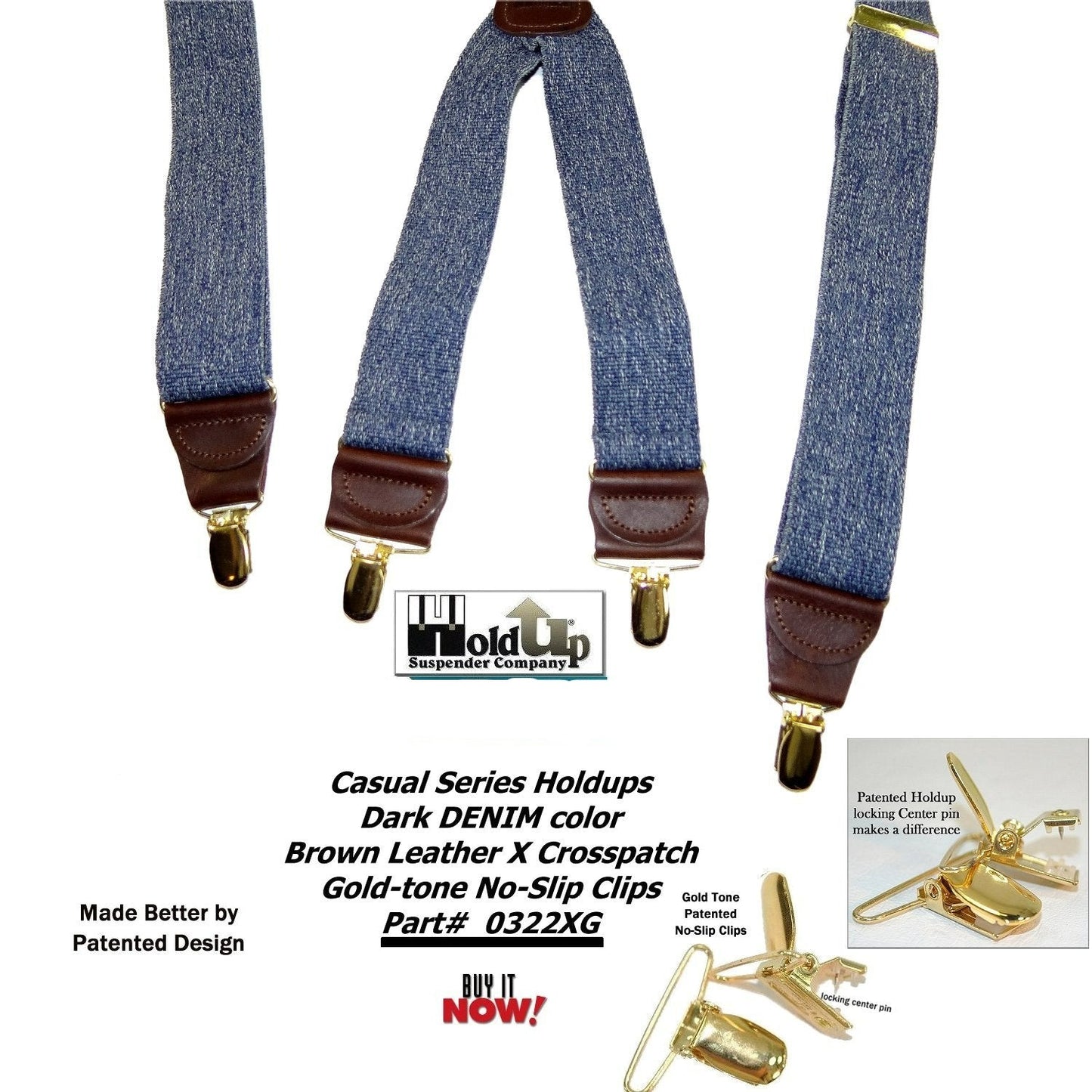 Holdup Brand USA made Dark Blue Denim Casual Series Suspenders in X-back style with Patented No-slip Gold-tone Clips