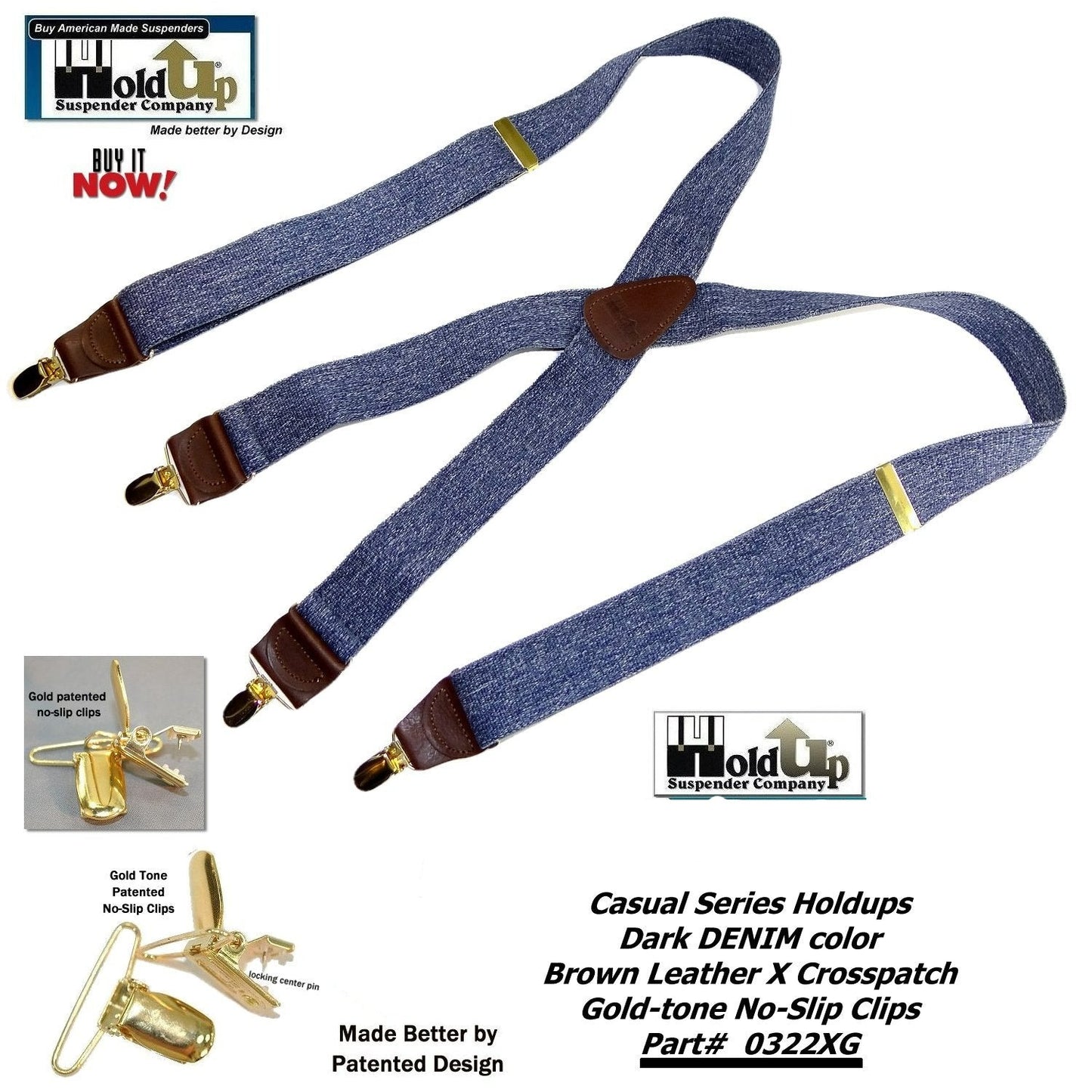 Holdup Brand USA made Dark Blue Denim Casual Series Suspenders in X-back style with Patented No-slip Gold-tone Clips