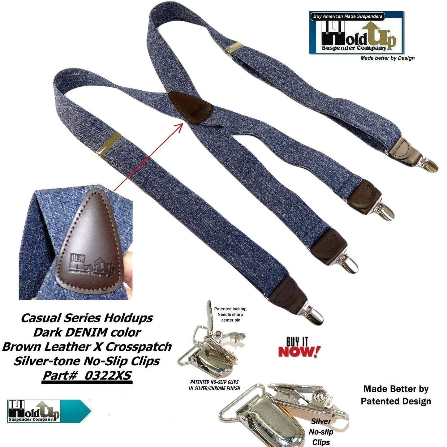 HoldUp Suspender Company's Dark Blue Denim X-back Suspenders in 1 1/2" width and USA Patented No-slip Nickel plated Clips