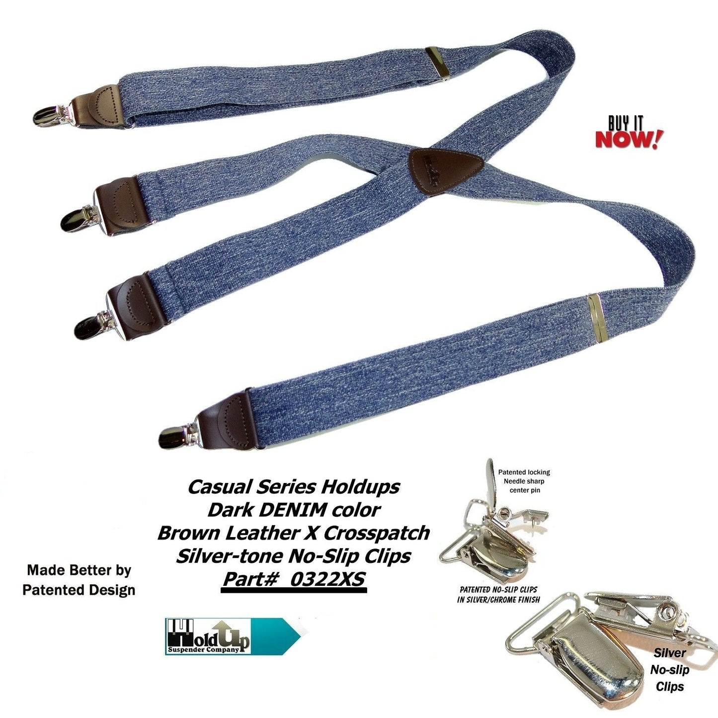 HoldUp Suspender Company's Dark Blue Denim X-back Suspenders in 1 1/2" width and USA Patented No-slip Nickel plated Clips