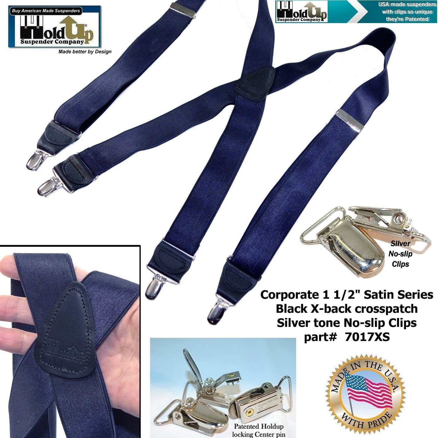 Holdup Suspender Company Steel Blue Satin Finish Corporate Series Suspenders X-back with Patented No-slip Silver Clips